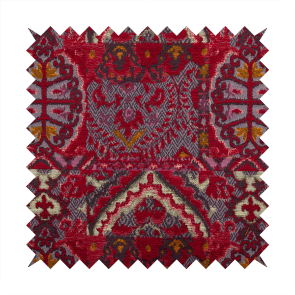 Free Worldwide Delivery Furnishing Fabric Flat Weave Chenille online In Red Medallion Kilim Pattern Furnishing Upholstery Fabric - Sold By 1 Metre