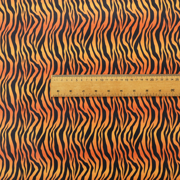 A vibrant, repeating tiger-stripe pattern featuring vertical black wavy stripes over an orange-to-yellow gradient background.