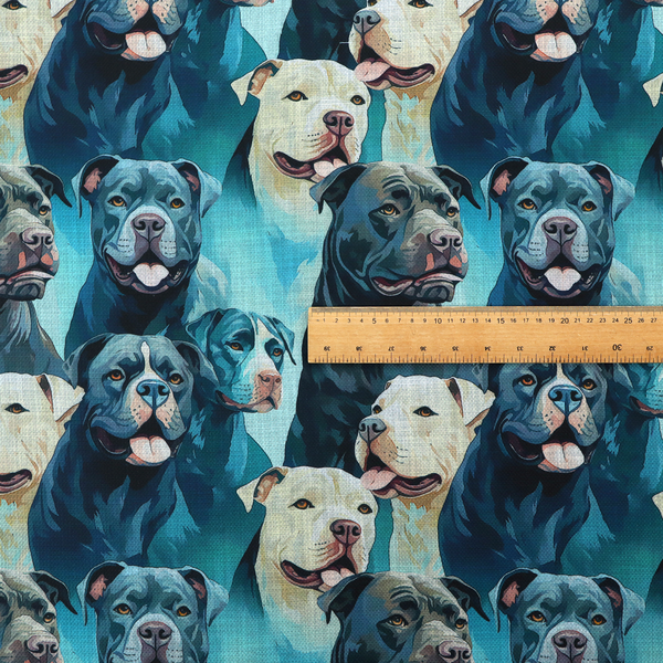 Fabric print featuring a repeating pattern of pit bulls and bully breed dogs in blue, black, and white tones set against a textured turquoise background.
