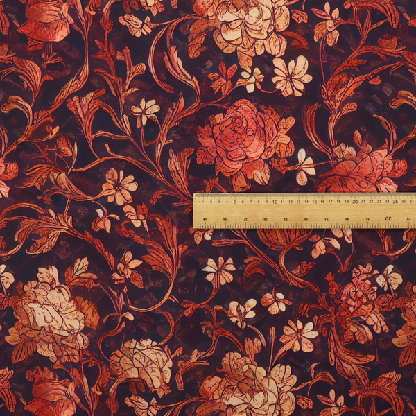 A moody vintage floral fabric pattern featuring intricate peony and rose vines in deep burgundy, crimson, and cream.