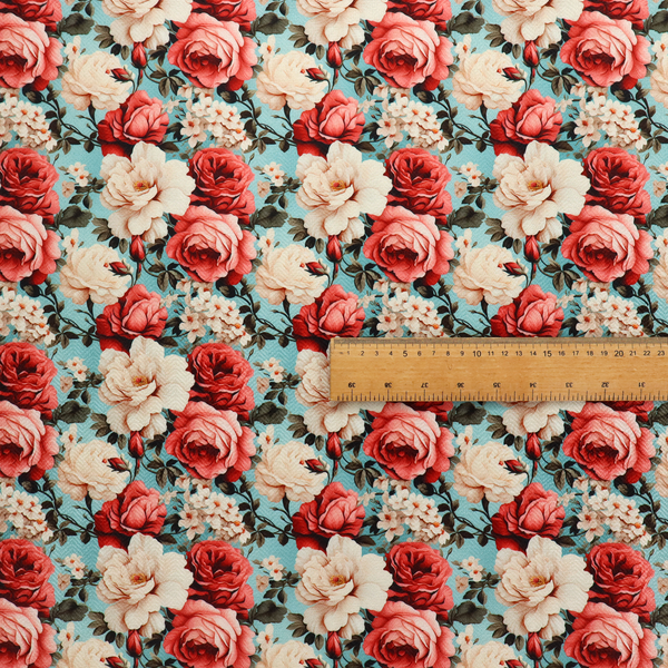 Vintage red, pink, and cream roses print fabric on a duck egg blue background.