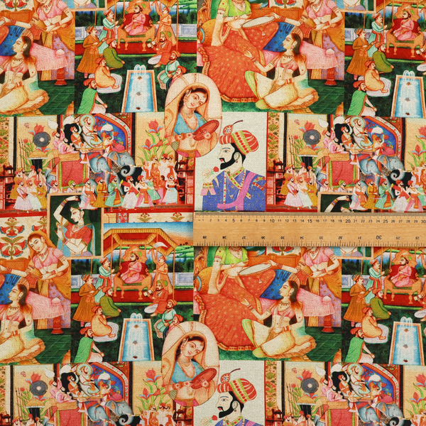 Traditional Indian Mughal miniature painting fabric featuring vibrant royal court scenes and portraits.
