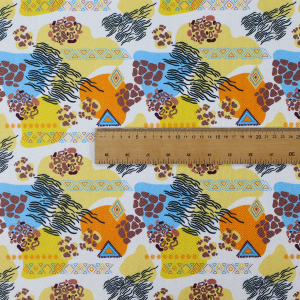 A vibrant, safari-themed repeating pattern on a white textured fabric, blending abstract shapes with traditional animal and tribal motifs.