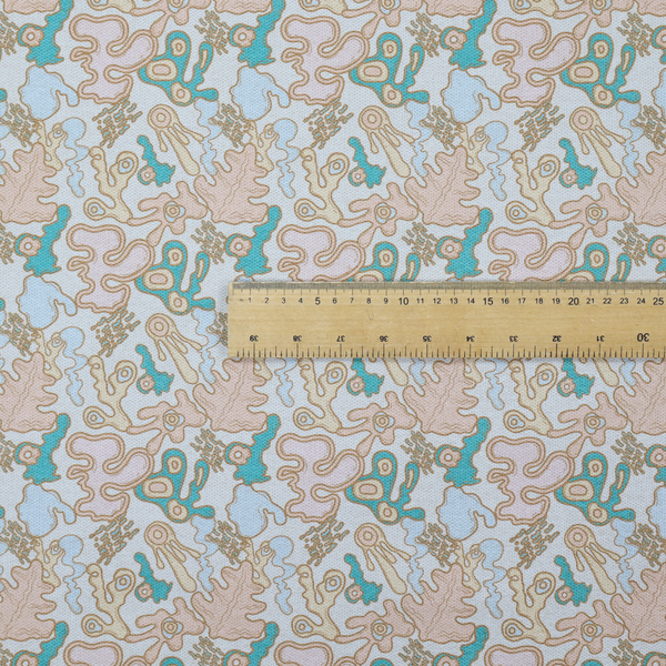 This fabric is a light blue fabric featuring a whimsical, abstract botanical pattern. The design is composed of organic, flowing shapes and illustrations in a pastel and jewel-tone palette.