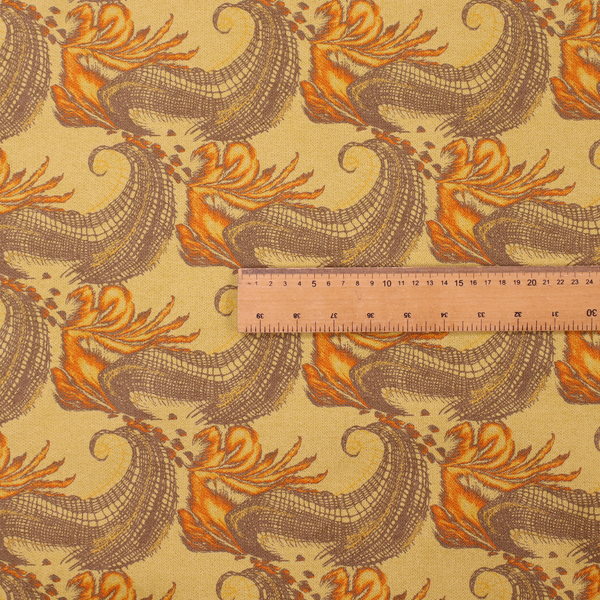 A repeating pattern of large, curved scroll shapes that look like stylized seashells or feathers. These shapes feature a grey crosshatch 'grid' texture and are decorated with bright orange and gold accents. The entire design is set against a solid, warm tan background.