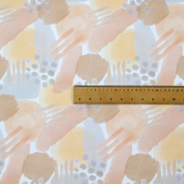 A dreamy, minimalist textile print featuring overlapping translucent washes of pastel colours. Soft blush and buttercup yellow shapes are layered with dusty blue blocks, delicate stippled dot patterns, and thin diagonal lines, creating a rhythmic yet airy impressionist design.