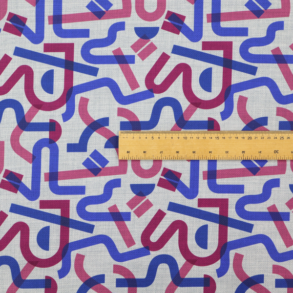 Abstract pattern of overlapping blue and magenta ribbon-like curves and geometric shapes on a light grey textured fabric, creating dark purple tones at intersections.
