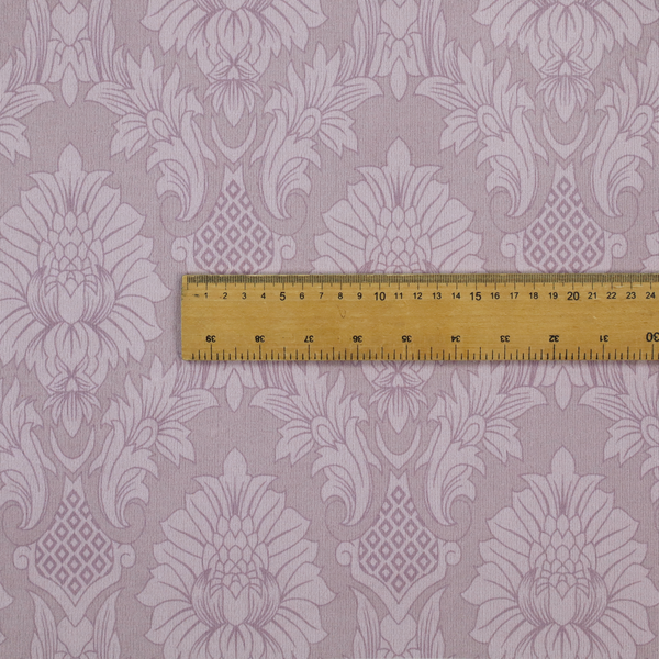 Elegant lavender damask fabric featuring a large-scale, repeating floral and acanthus leaf pattern in a soft tonal lilac colourway.