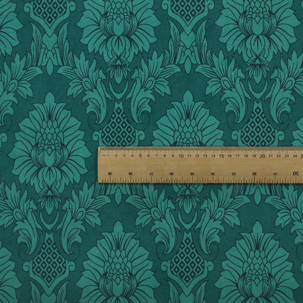 Deep peacock teal damask fabric featuring a large-scale, repeating floral and acanthus leaf pattern in a rich, shimmering tonal colourway.