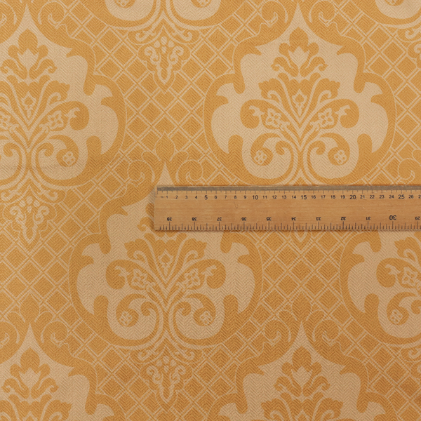 The design features large, ornate floral motifs and acanthus leaves arranged in a repeating grid. These medallions are set against a background of a fine diagonal lattice (diamond) pattern. The fabric displays a subtle, woven texture throughout, creating an elegant and classic look.