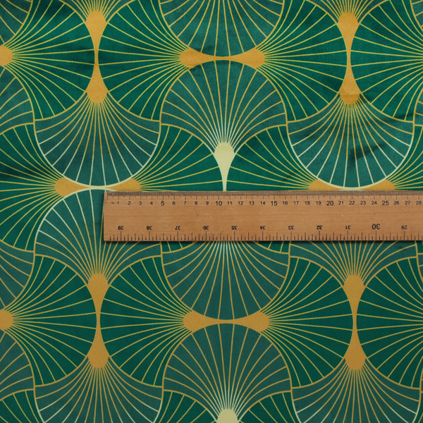 The DP-386-1 fabric showcases a classic Art Deco aesthetic with a repeating, interlocking scalloped fan motif that creates a rhythmic "fish scale" layout. This design features a rich, dual-tone colour scheme of deep emerald green and saturated teal, accented by thin, radiating lines in bright ochre. The symmetrical arrangement of the fans, coupled with the jewel-toned palette, evokes a sense of 1920s luxury and architectural elegance, making it a bold statement piece for sophisticated interior decor.