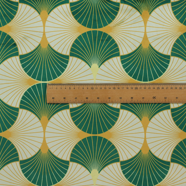 This fabric features a cohesive Art Deco-inspired print, showcasing a rhythmic, interlocking scalloped fan motif that evokes the architectural elegance of the 1920s. Each variation uses a "fish scale" layout with thin lines radiating from golden-orange focal points, but offers a distinct mood through its specific colour story.