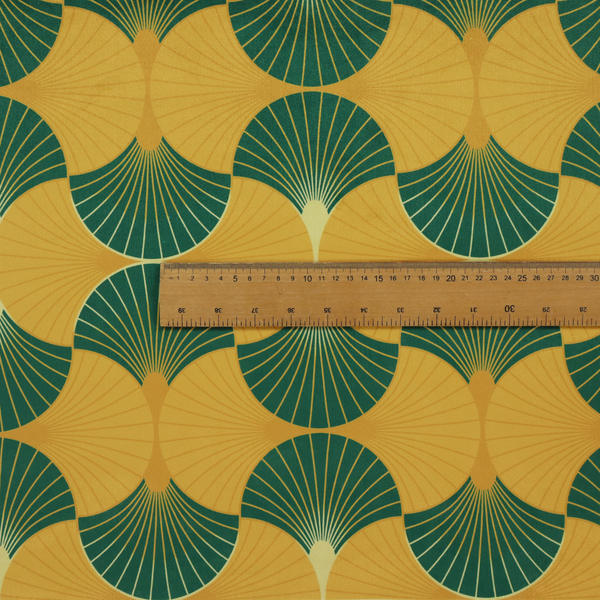 This fabric, DP-388-1, features a warm and inviting take on the classic Art Deco fan pattern, utilizing a gold-dominant palette that radiates elegance.