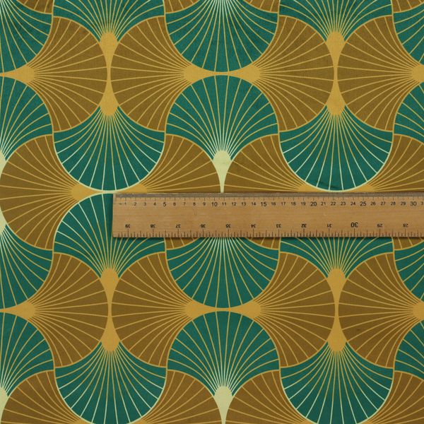 The DP-392-1 fabric features an elegant Art Deco aesthetic, characterized by a rhythmic, interlocking scalloped fan motif that creates a symmetrical "fish scale" layout. This specific variation utilizes a sophisticated, earthy colour palette of deep forest green and muted bronze-brown.