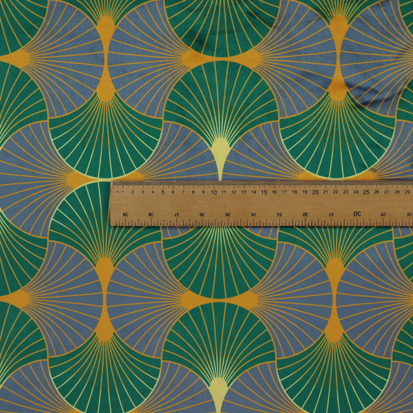 The DP-394-1 fabric features a sophisticated Art Deco aesthetic, characterized by an interlocking scalloped fan motif that creates a rhythmic "fish scale" layout across the textile.