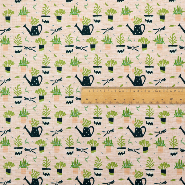 Charming botanical pattern featuring potted plants, watering cans, and gardening tools on a soft neutral background.