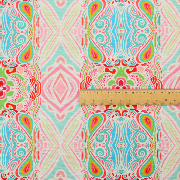 Vibrant, repeating pattern featuring abstract botanical shapes, paisley motifs, and floral elements in bright shades of pink, turquoise blue, lime green, and orange.