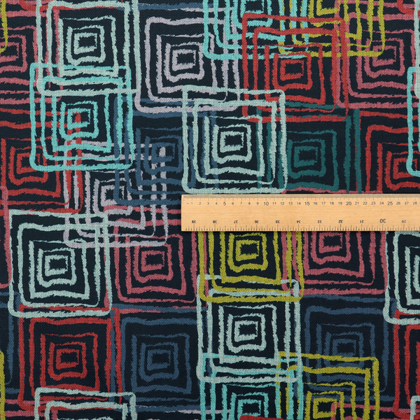 Abstract geometric pattern featuring overlapping nested squares in vibrant shades of red, teal, yellow, and grey on a dark background.