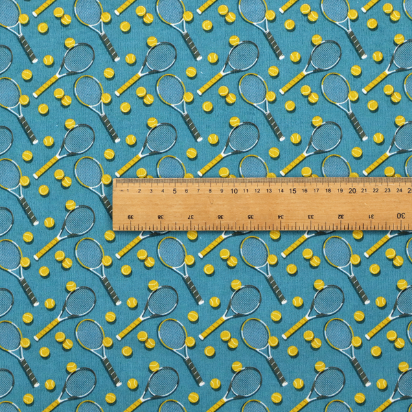 a cool medium-blue fabric featuring a structured, repeating tennis pattern.