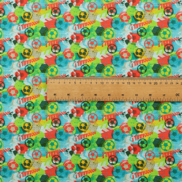 A highly energetic and colourful fabric featuring a soccer-themed graffiti pattern.