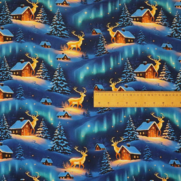 Northern Lights Winter Cabin & Glowing Reindeer Scenic Upholstery Fabric DP-58