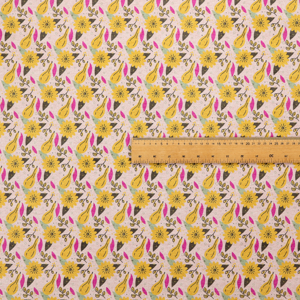 Light pink textured fabric with a dense retro pattern featuring mustard yellow sunflowers and pears. The design includes small sage green leaves, dark line-art twigs, and vibrant fuchsia pink leaf accents repeated seamlessly throughout the textile (Pattern DP-592-1).