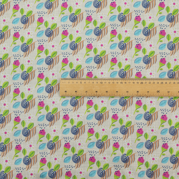 Fabric featuring a whimsical, hand-drawn botanical pattern of small pink flower buds, blue spiral circles, and bright green leaves on a light grey linen-textured background.