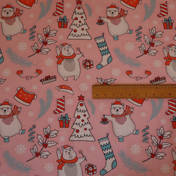 Dancing Polar Bear Pink Winter Wonderland Print Upholstery Fabric DP-66