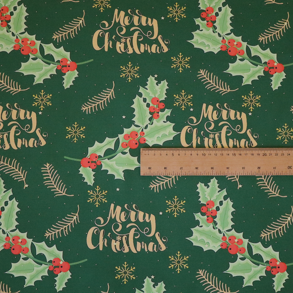 Traditional Holly & Gold Merry Christmas Script Upholstery Fabric DP-67 - Roman Blinds