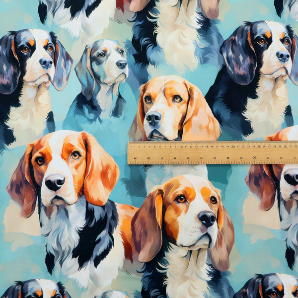 A repeating illustrated pattern featuring portraits of beagle dogs in various poses and colour variations against a soft blue background.