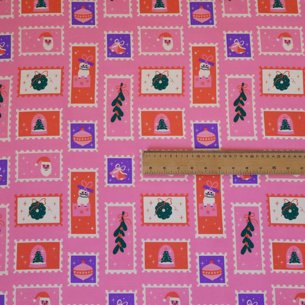 Retro Pink Festive Mini Stamps Holiday Upholstery Fabric DP-69 - Made To Measure Curtains