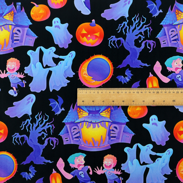 A seamless, repeating Halloween-themed pattern featuring a black background filled with glowing blue haunted houses, flying ghosts, orange jack-o'-lanterns, gnarled trees, bats, a crescent moon, and fleeing children.