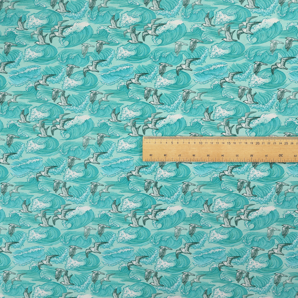 A repeating pattern of crashing ocean waves and soaring seagulls rendered in shades of teal and white.