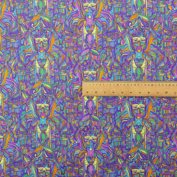 An intricate, psychedelic repeating pattern featuring abstract geometric shapes and stylized figures in vibrant shades of purple, blue, green, and orange.