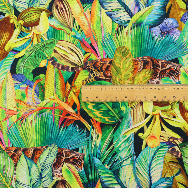 Vibrant tropical botanical pattern featuring lush green leaves, exotic flowers, and hidden jaguars prowling through a dense jungle foliage.