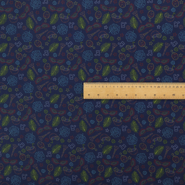 A repeating pattern of festive party and carnival-themed outlined icons including masquerade masks, maracas, cocktails, musical notes, palm fronds, and stars on a dark navy blue background.
