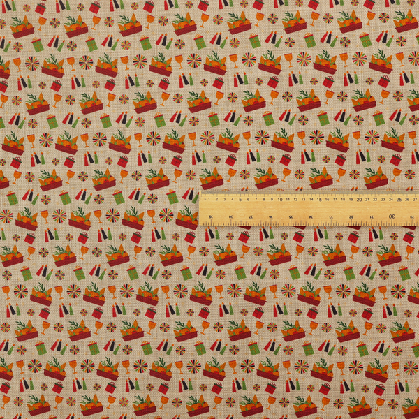 A repeating pattern of festive celebration icons including baskets filled with greenery, candles, wrapped gifts, goblets, and decorative pinwheels on a textured tan background.