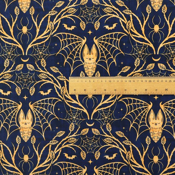 A dark navy blue gothic damask pattern featuring golden yellow bats with webbed wings, intricate spiderwebs, spiders, and twisting branches with leaves.
