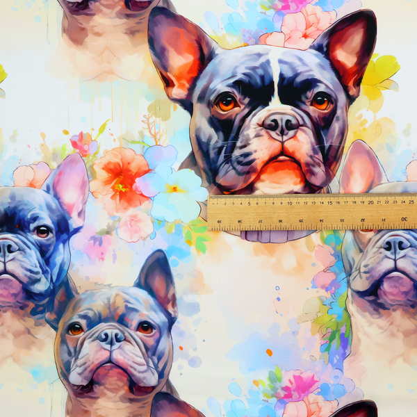 A watercolour-style fabric pattern featuring repeated portraits of French Bulldogs surrounded by soft, pastel splashes of flowers and abstract colour.