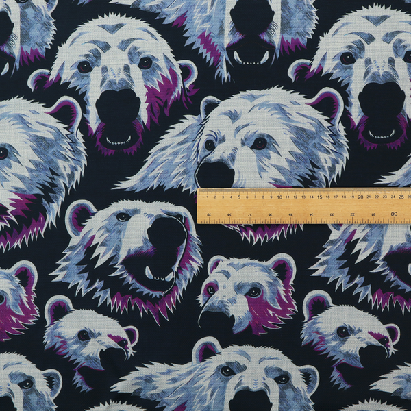A dark blue fabric patterned with hand-drawn illustrations of polar bears featuring an organic style.