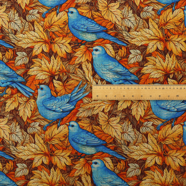 An orange and brown fabric patterned with hand-drawn botanical illustrations of blue birds perched amongst fall leaves featuring an organic style.