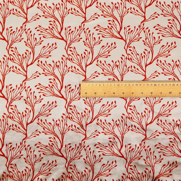 Cream and red fabric featuring an intricate organic branch or sea coral pattern with delicate twig motifs repeating across the surface.
