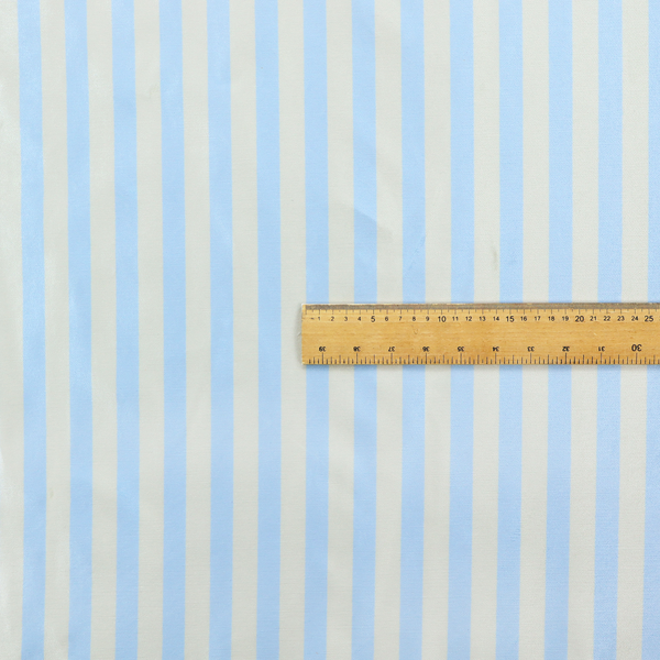 Horizontal light blue and white striped fabric pattern.