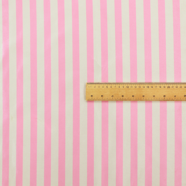 Horizontal pink and white striped fabric pattern.
