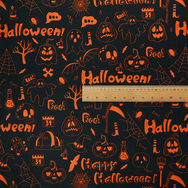 The image features a Halloween-themed repeating pattern set against a black background. The design is filled with spooky orange illustrations, including jack-o'-lanterns, ghosts, skulls, bats, spiderwebs, tombstones, witch hats, and the text "Halloween" and "Boo!"