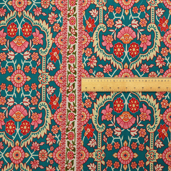 The image features a vertical striped pattern filled with ornate floral and botanical motifs, set against a rich teal background. The intricate design includes scrolling vines and blossoms in shades of pink, red, and cream.