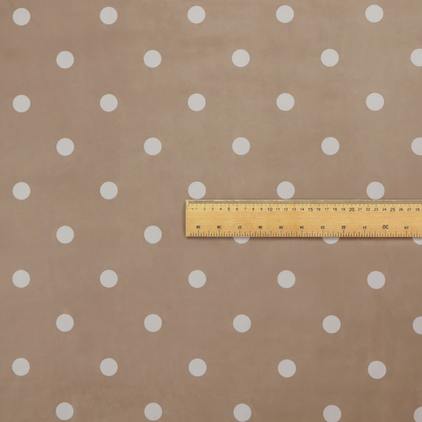 A taupe or warm grey-brown fabric pattern featuring evenly spaced white polka dots arranged in horizontal and vertical rows.