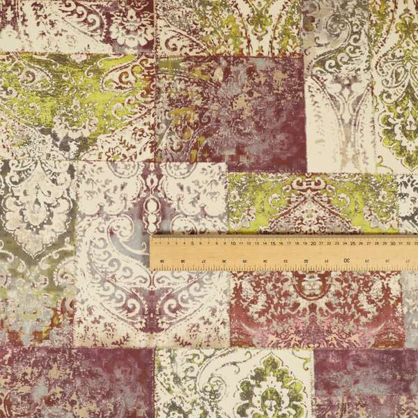 Amalfi Patchwork Pattern Printed Velvet Purple Green Colour Upholstery Fabric
