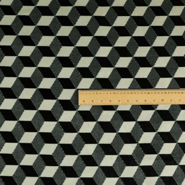 Akita Geometric 3D Pattern Velvet Fabric In Black White Colour