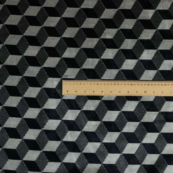 Akita Geometric 3D Pattern Velvet Fabric In Navy Blue Silver Colour